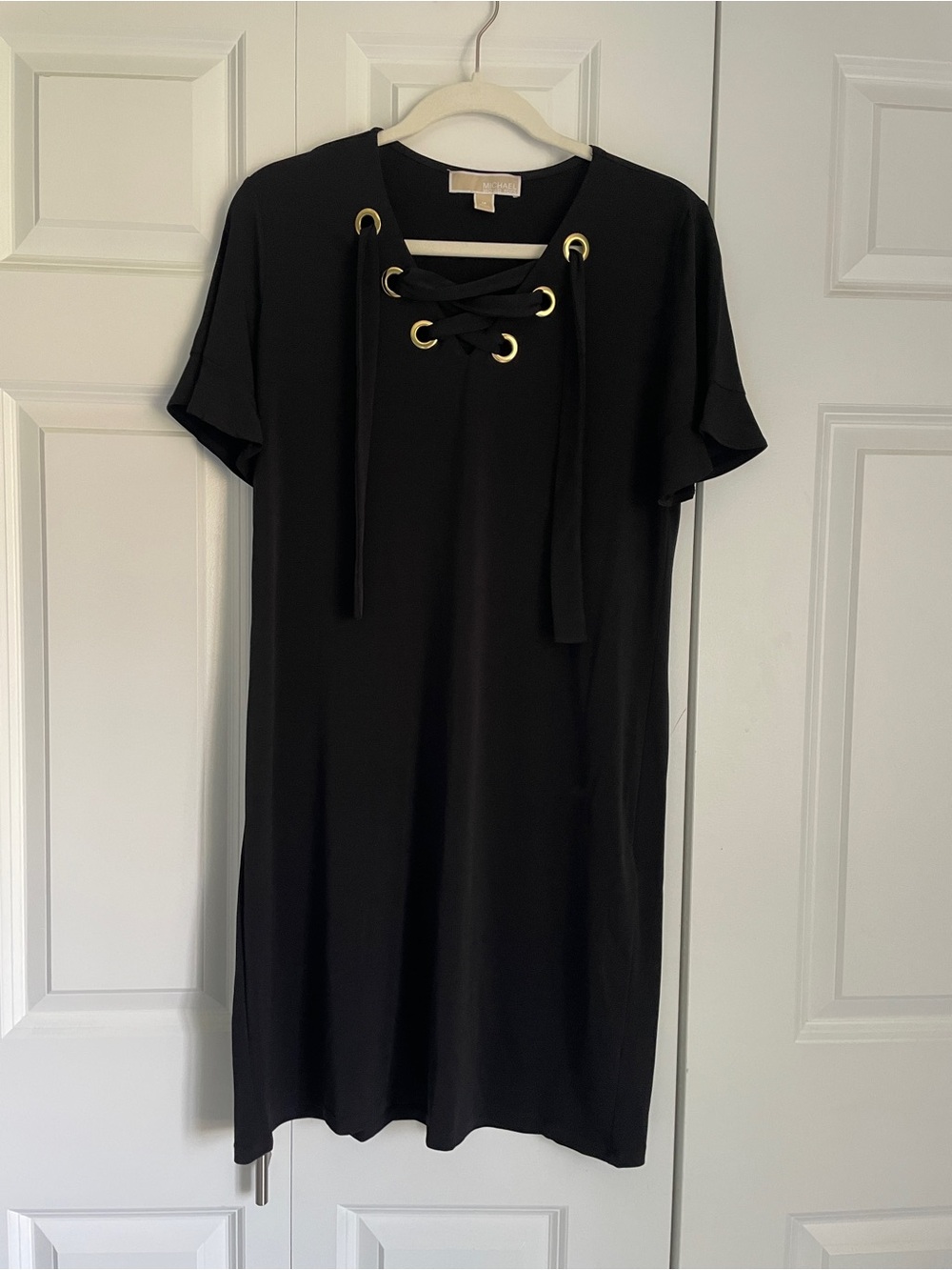 Black Michael Kors Lace-Up Neckline Short Sleeve Women's Dress - Size Medium